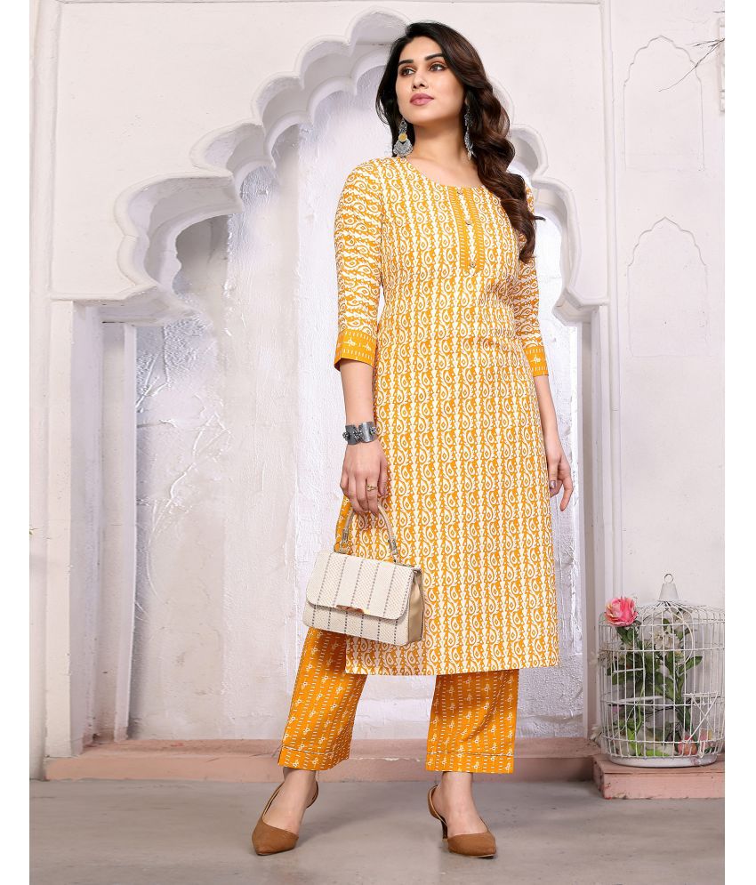     			Skylee Cotton Blend Printed Kurti With Pants Women's Stitched Salwar Suit - Mustard ( Pack of 1 )