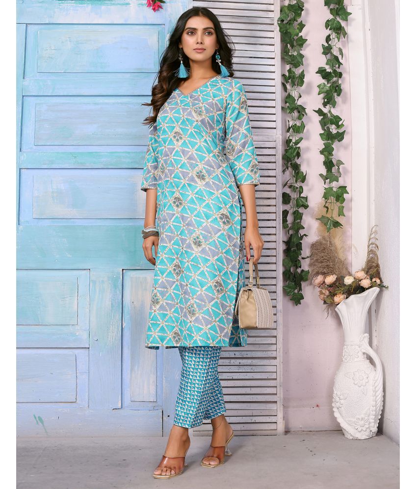     			Skylee Cotton Blend Printed Kurti With Pants Women's Stitched Salwar Suit - Light Blue ( Pack of 1 )