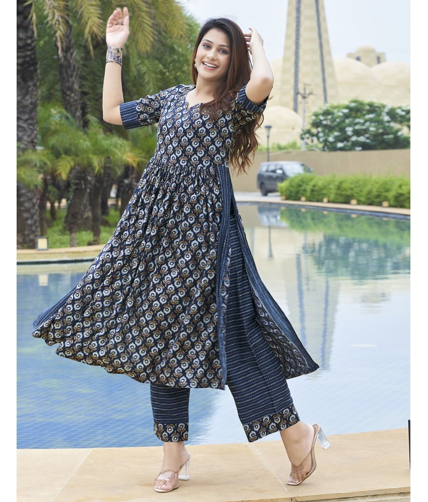     			Skylee Cotton Silk Printed Kurti With Pants Women's Stitched Salwar Suit - Navy Blue ( Pack of 1 )