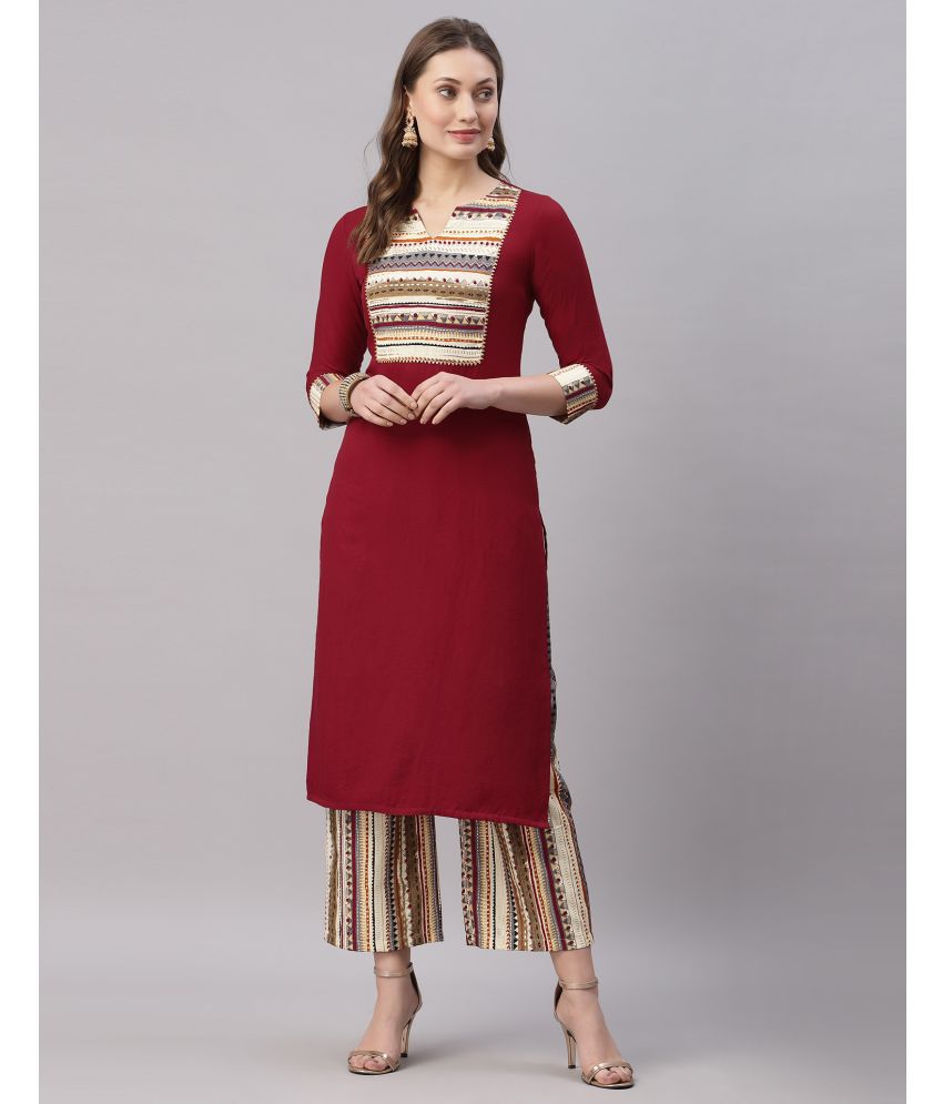     			Skylee Rayon Solid Kurti With Pants Women's Stitched Salwar Suit - Maroon ( Pack of 1 )