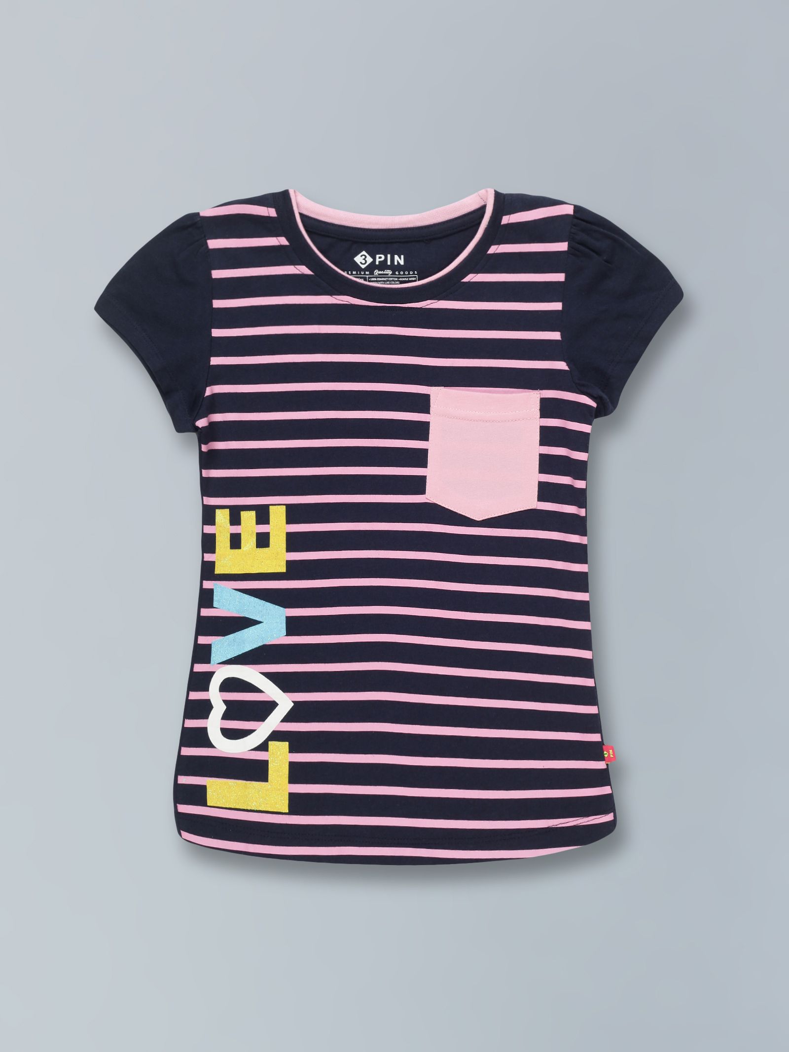     			3PIN Pack of 1 Girls 100% Cotton T-Shirt ( Navy )