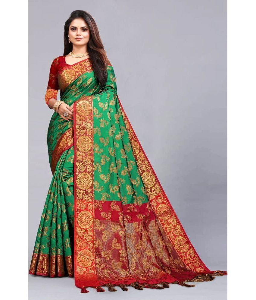     			CARTSHOPY Banarasi Silk Embellished Saree With Blouse Piece - Green ( Pack of 1 )