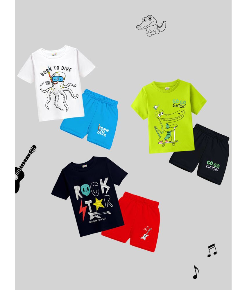    			Kuchipoo Multi Cotton Blend Baby Boy T-Shirt & Shorts ( Pack of 3 )