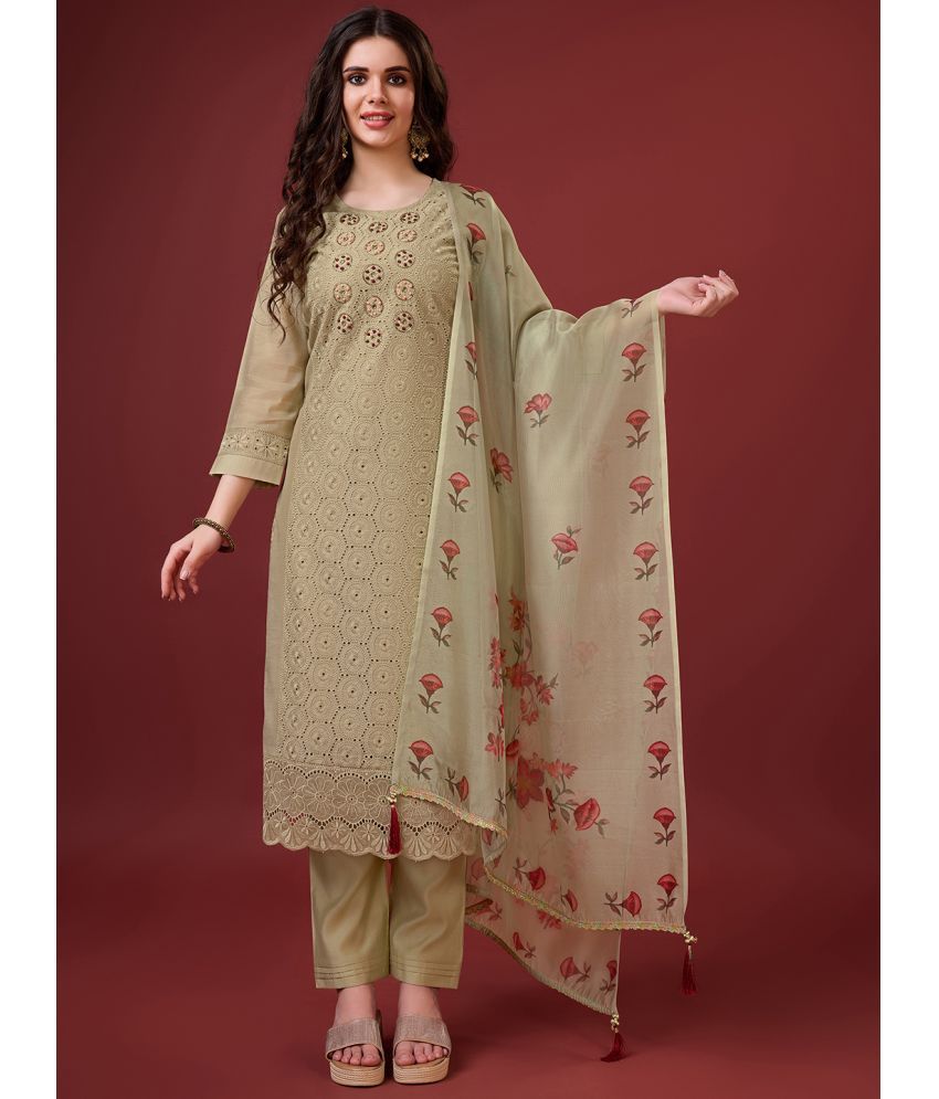     			MOJILAA Chanderi Embroidered Kurti With Pants Women's Stitched Salwar Suit - Beige ( Pack of 1 )