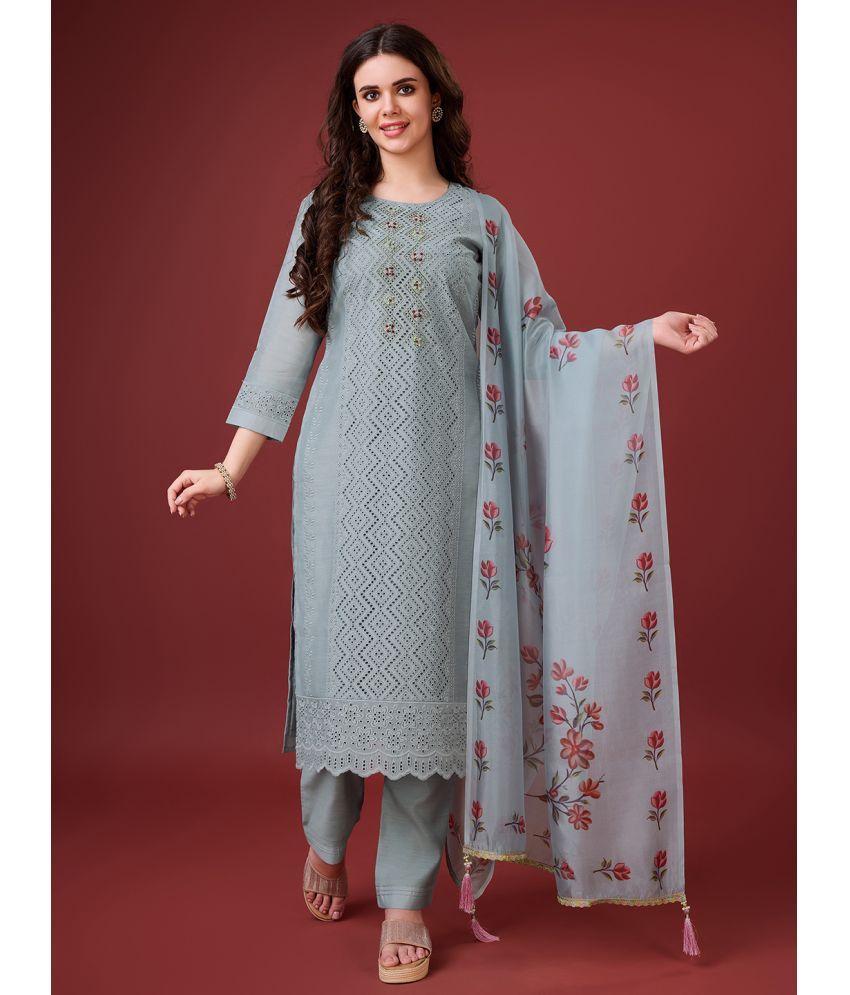     			MOJILAA Chanderi Embroidered Kurti With Pants Women's Stitched Salwar Suit - Grey Melange ( Pack of 1 )