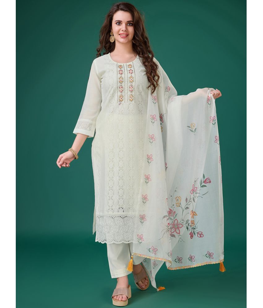     			MOJILAA Chanderi Embroidered Kurti With Pants Women's Stitched Salwar Suit - Off White ( Pack of 1 )
