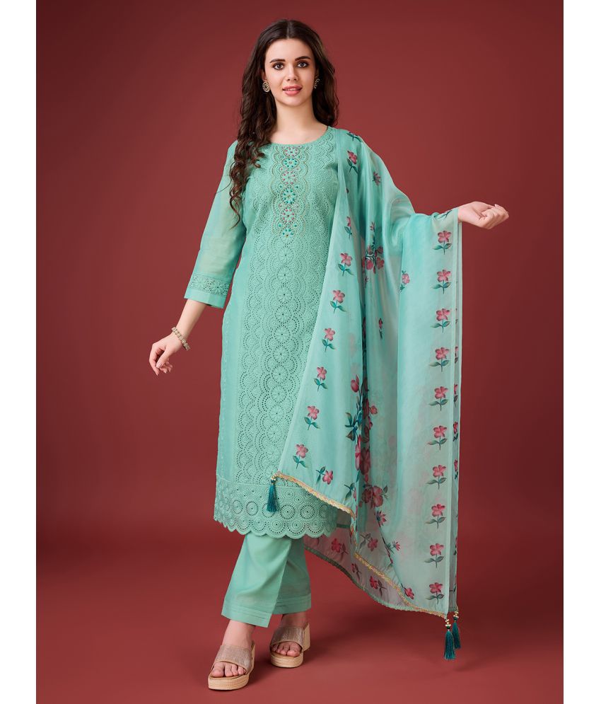     			MOJILAA Chanderi Embroidered Kurti With Pants Women's Stitched Salwar Suit - Sea Green ( Pack of 1 )