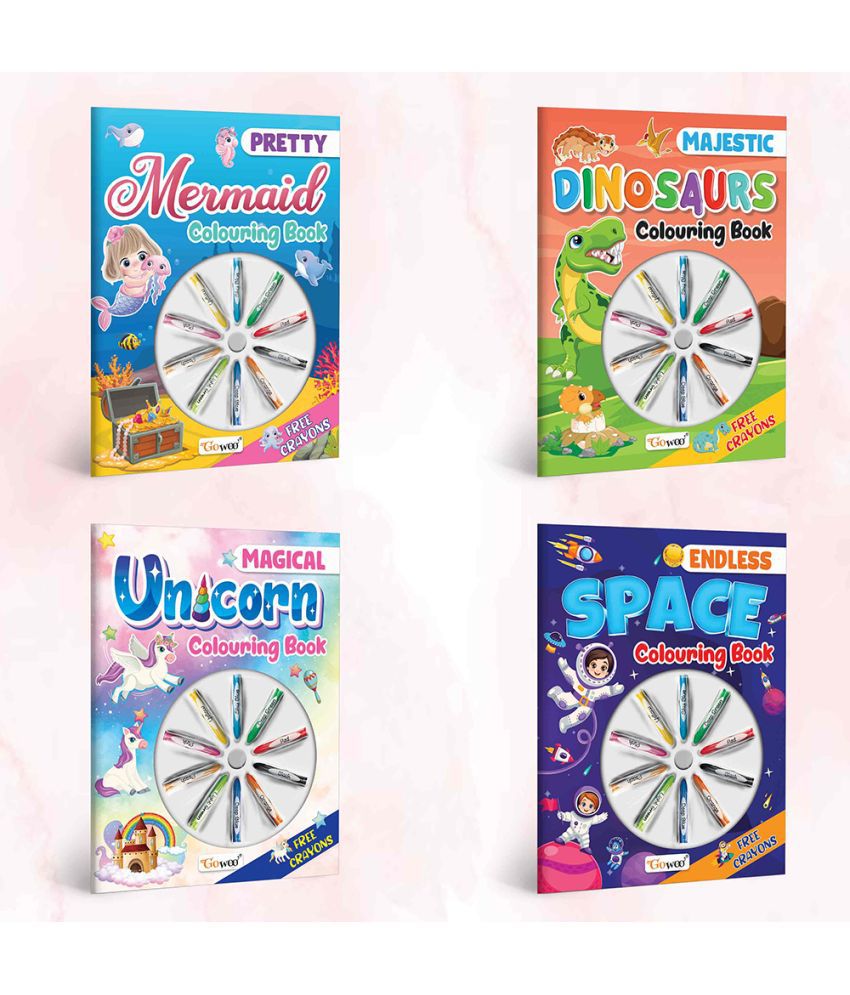     			Magical Unicorn Colouring Book, Endless Space Colouring Book , Pretty Mermaid Colouring Book & Majestic Dinosaur Colouring Book With Crayons|Combo of 4 | Whimsical Colouring Quartet
