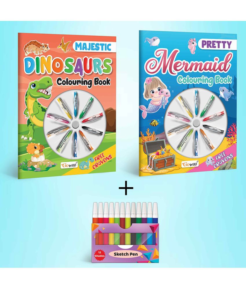     			Pretty Mermaid Colouring Book , Majestic Dinosaur Colouring Book With Crayons & 12 WATER COLOUR SKETCH PEN |Combo of 2 | Enchanting Duo Delight