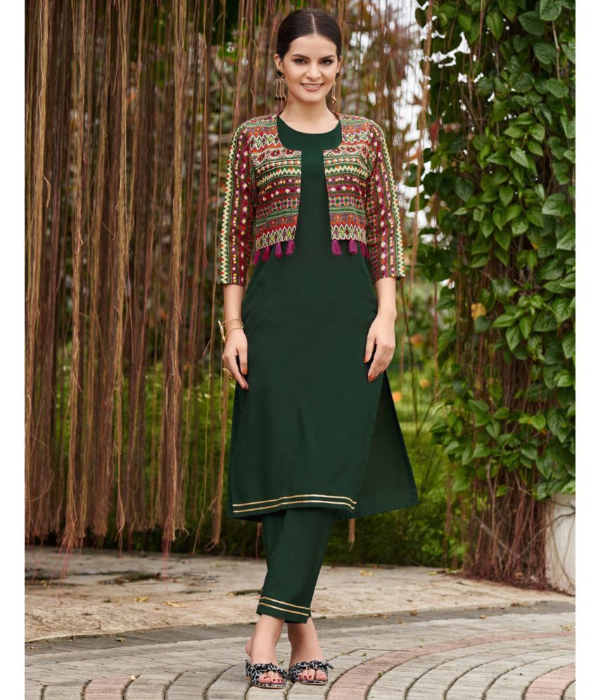     			Skylee Cotton Silk Embellished Kurti With Pants Women's Stitched Salwar Suit - Green ( Pack of 1 )