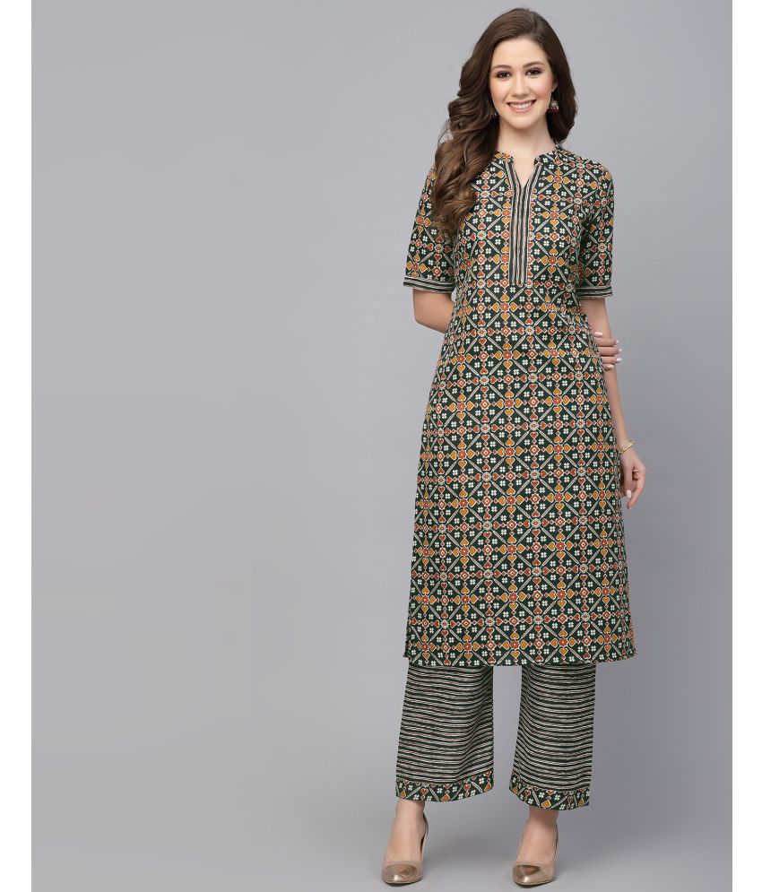     			Skylee Cotton Silk Printed Kurti With Pants Women's Stitched Salwar Suit - Dark Green ( Pack of 1 )