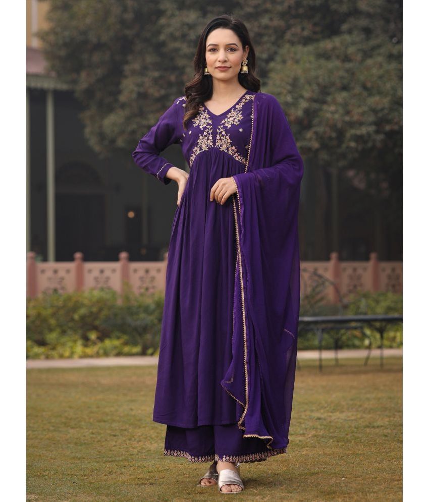     			AMIRA'S INDIAN ETHNICWEAR Rayon Embroidered Kurti With Palazzo Women's Stitched Salwar Suit - Purple ( Pack of 1 )