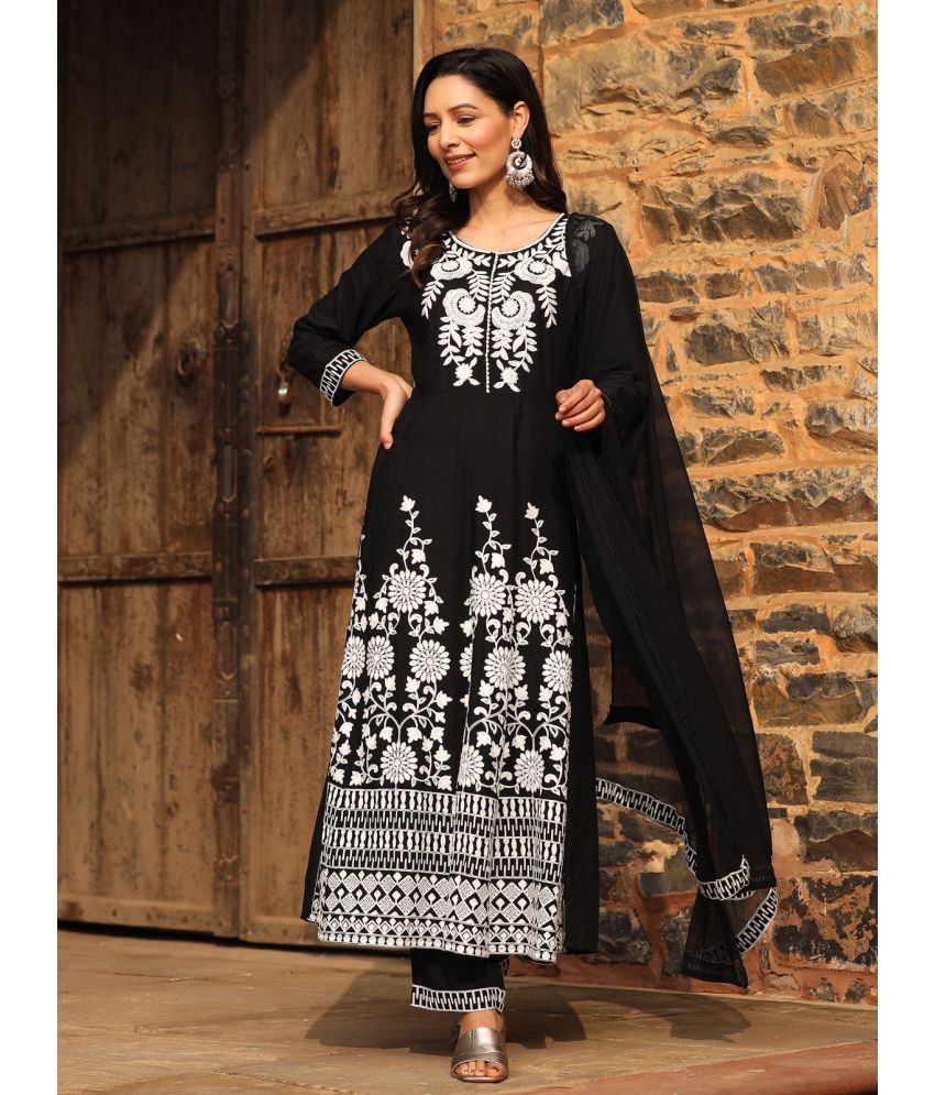     			AMIRA'S INDIAN ETHNICWEAR Rayon Embroidered Kurti With Pants Women's Stitched Salwar Suit - Black ( Pack of 1 )