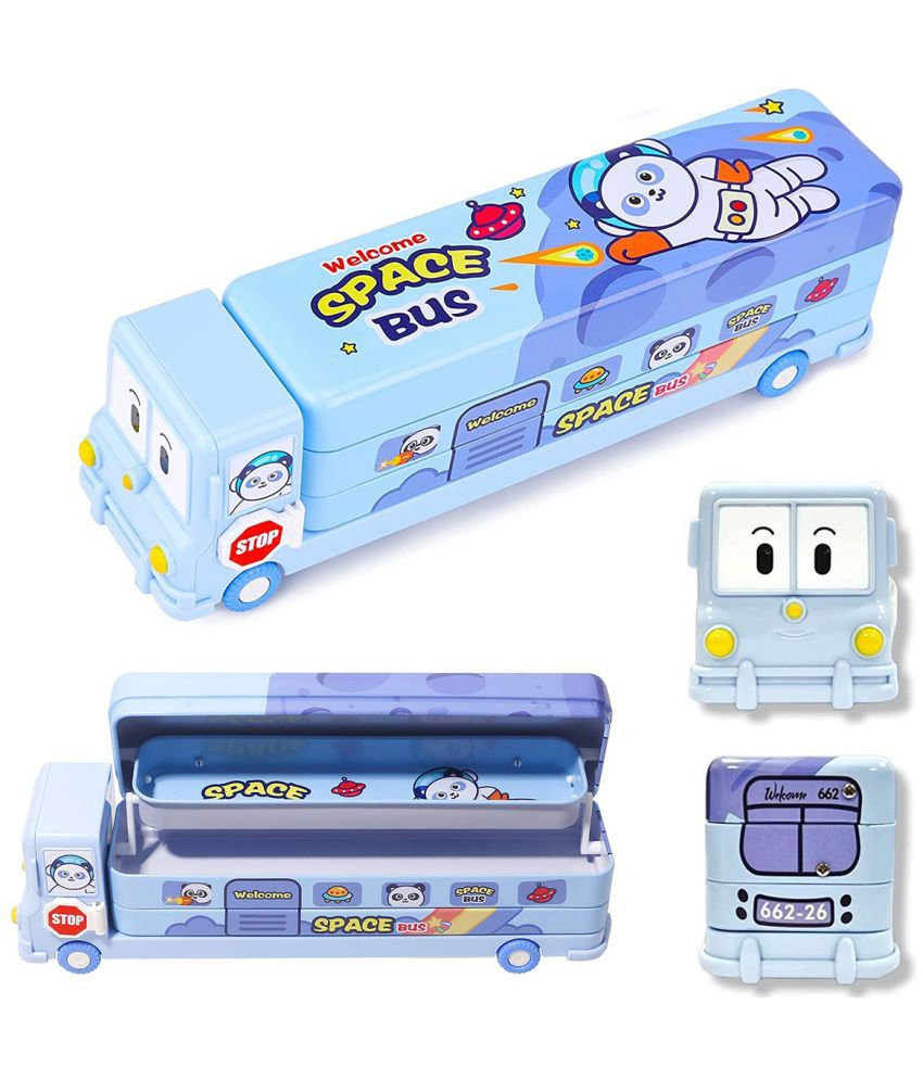     			RAINBOW RIDERS Metal Space School Bus Shape Pencil Box Double Compartment With Moving Wheels And Sharpener For Boys and Girls Multi-Purpose Uses