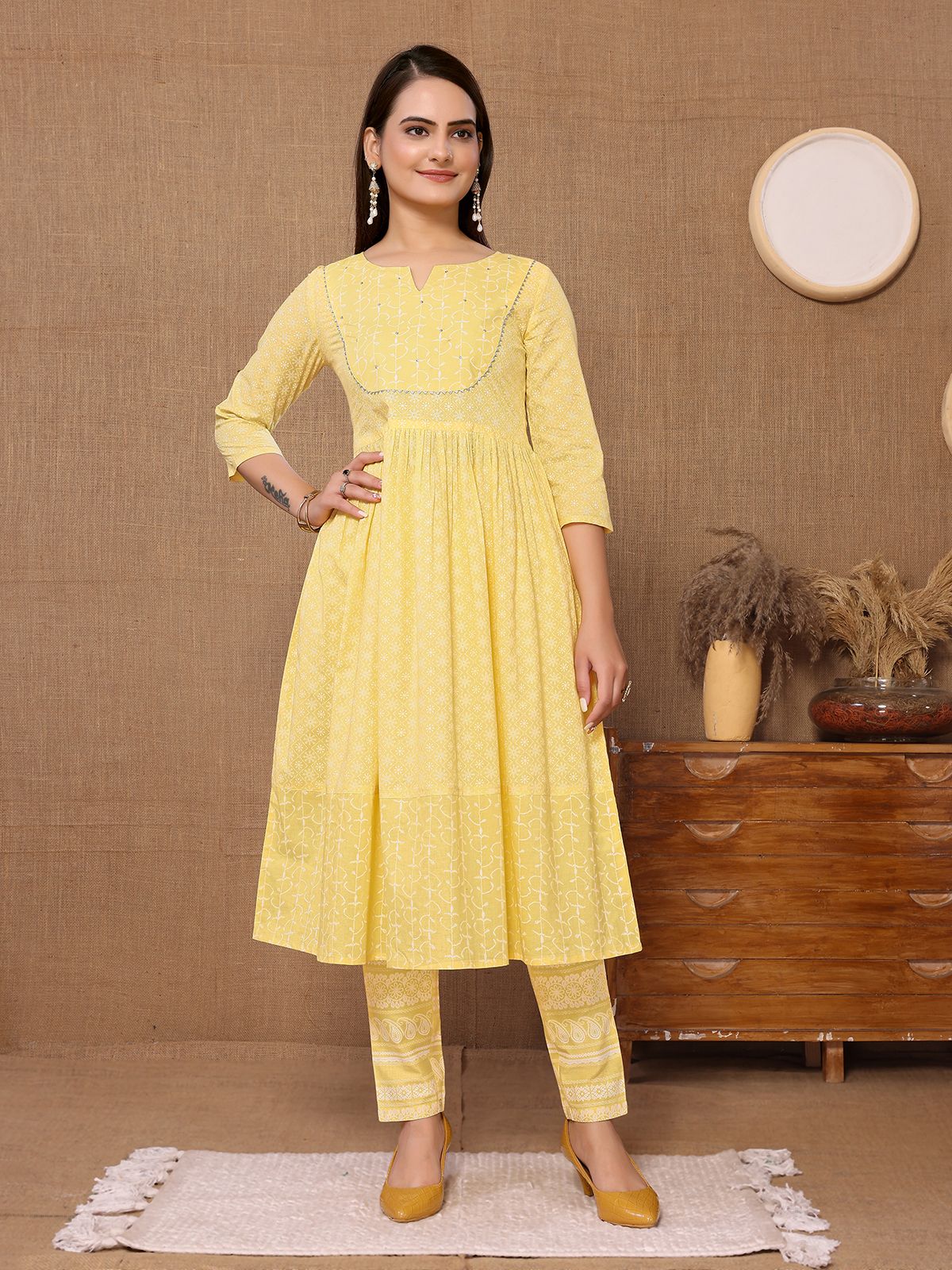     			Rangita Women Cotton Yellow Sequined Calf Length Anarkali Kurti With Pants