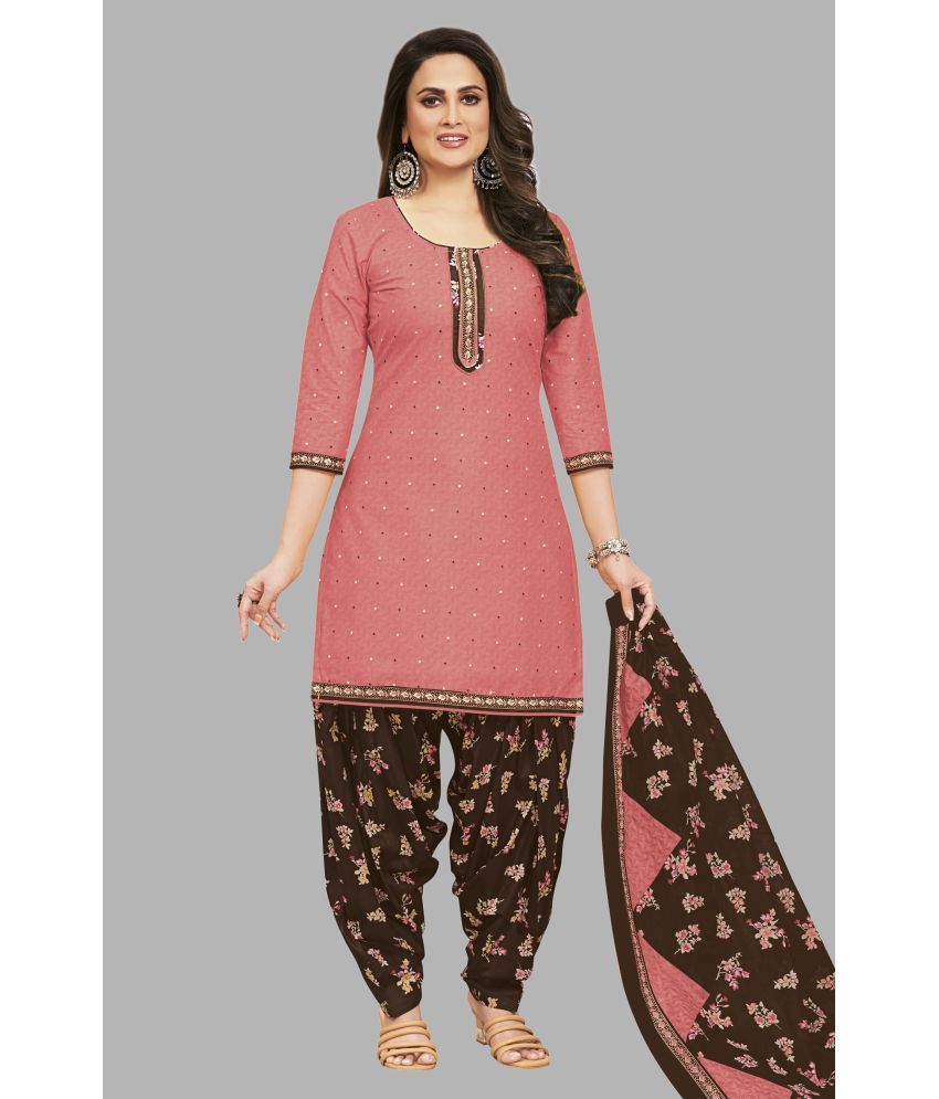     			SIMMU Cotton Printed Kurti With Patiala Women's Stitched Salwar Suit - Peach ( Pack of 1 )