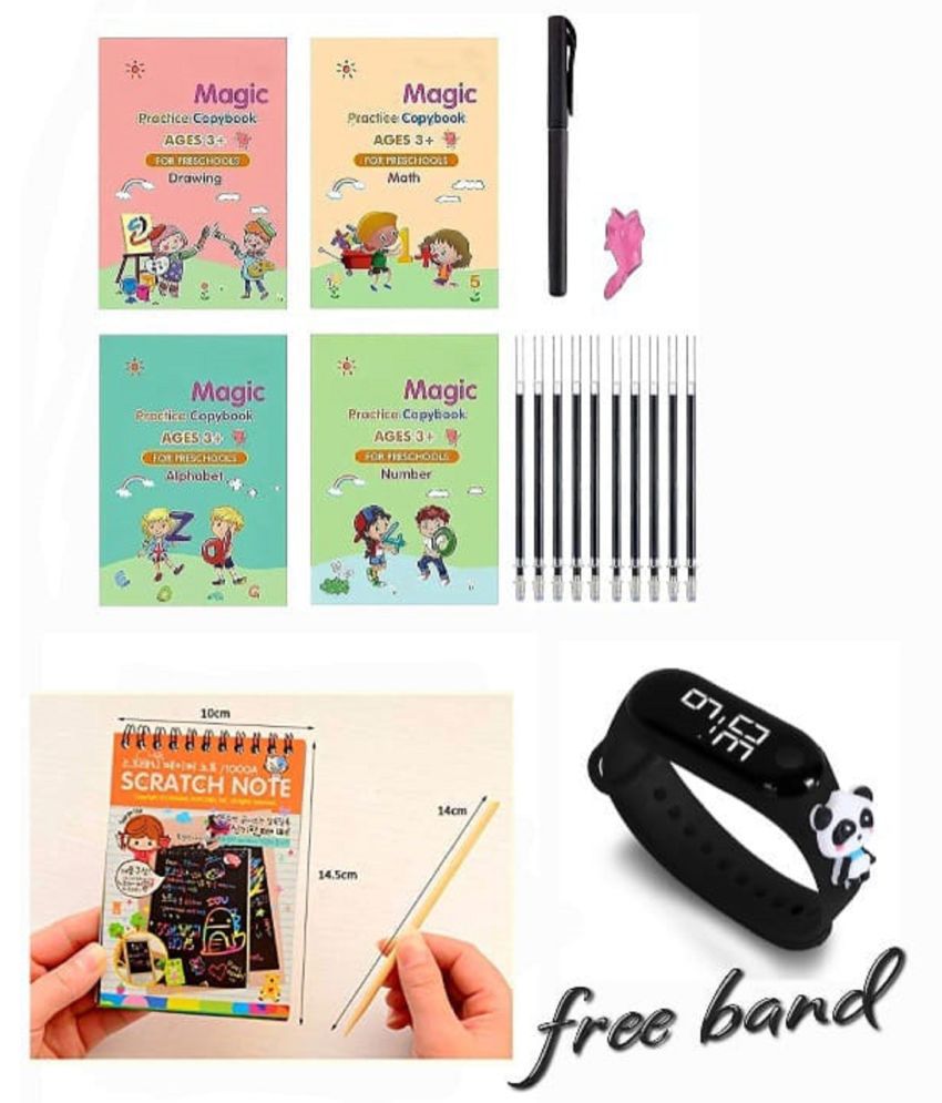     			Combo Of 3 Pack - Sank Magic Practice Copy book & Scratch Book 53 Arts A6 Size Paper Sheet Art Book & LED Taddy Band Watch Digitel Multicolor By Vinay Book Store