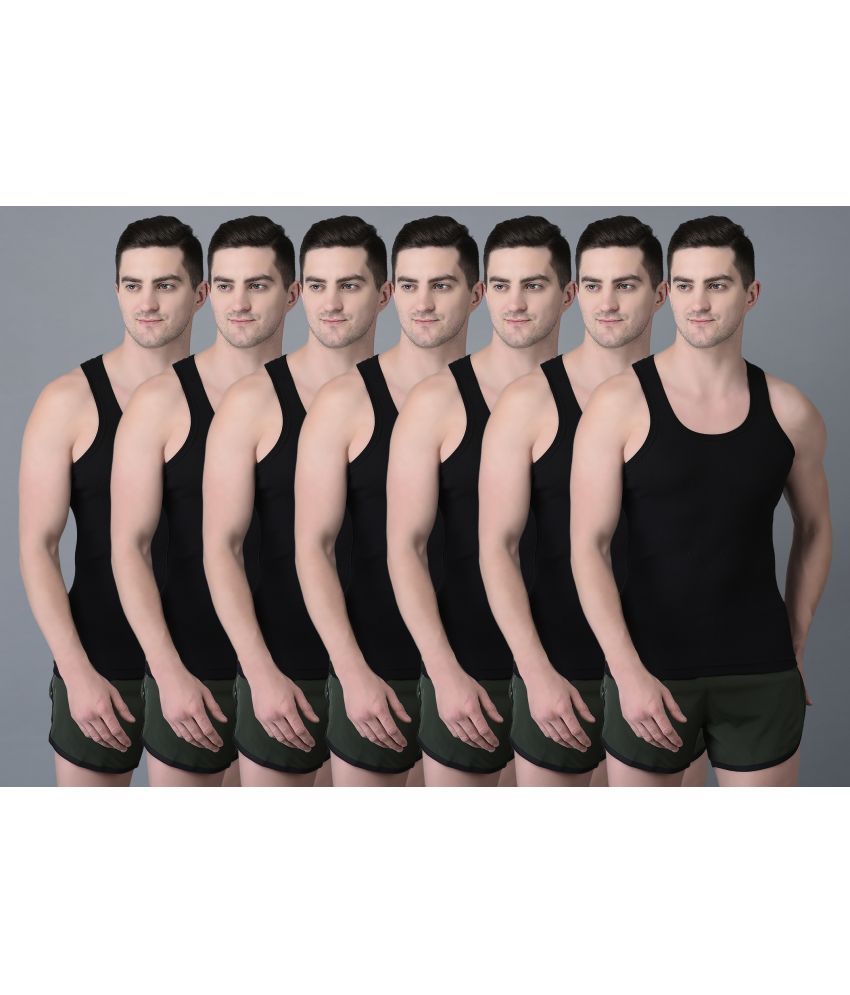     			Pack of 7 Dollar Bigboss Black Solid Cotton Blend Men Vest