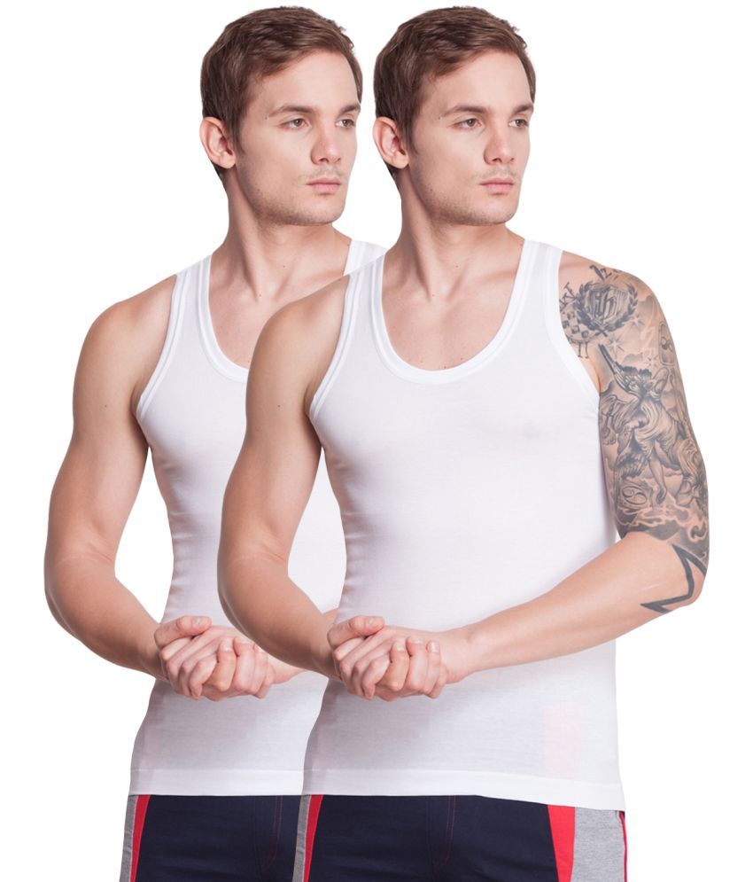     			Pack of 2 Dollar Bigboss White Solid Cotton Blend Men Vest