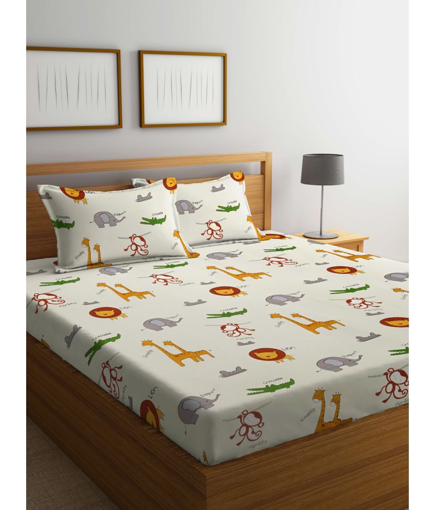     			FABINALIV Poly Cotton Animal 1 Double Bedsheet with 2 Pillow Covers - Cream