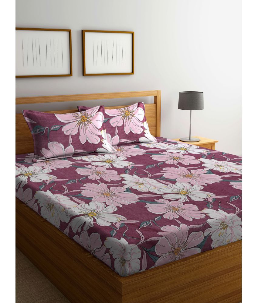     			FABINALIV Poly Cotton Floral 1 Double Bedsheet with 2 Pillow Covers - Wine