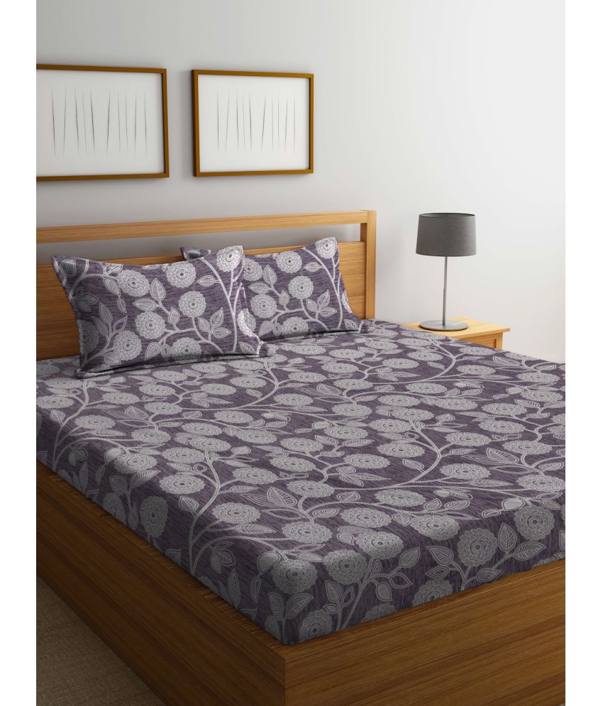     			FABINALIV Poly Cotton Floral 1 Double Bedsheet with 2 Pillow Covers - Purple