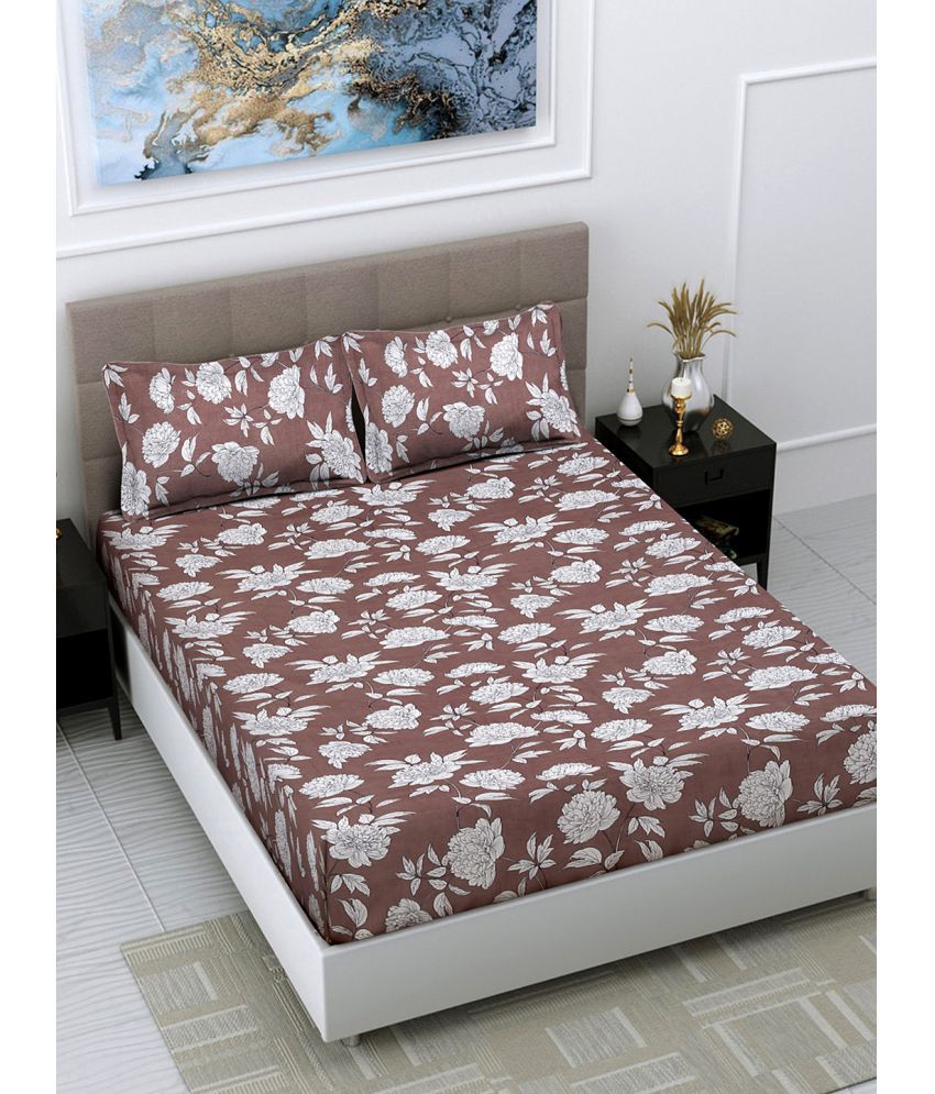     			FABINALIV Poly Cotton Floral 1 Double Bedsheet with 2 Pillow Covers - Brown