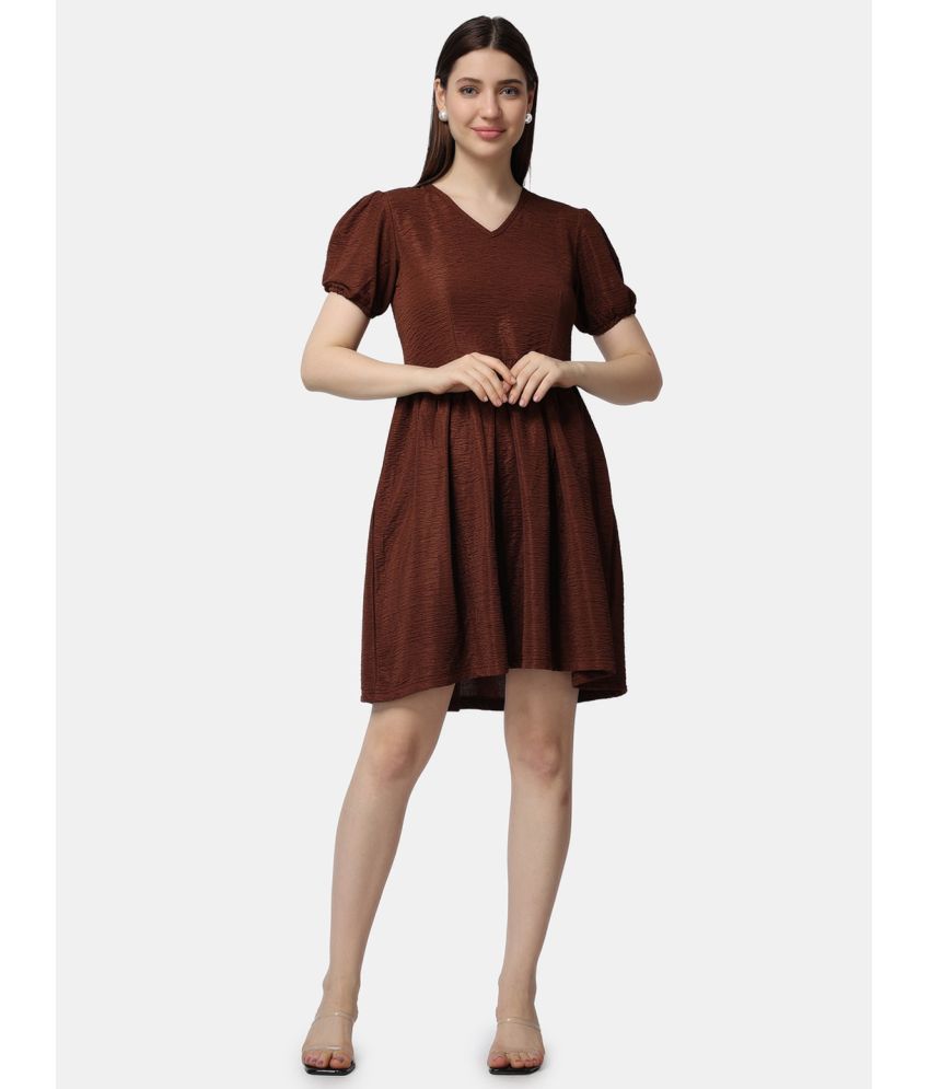     			POPWINGS Polyester Solid Knee Length Women's Fit & Flare Dress - Brown ( Pack of 1 )