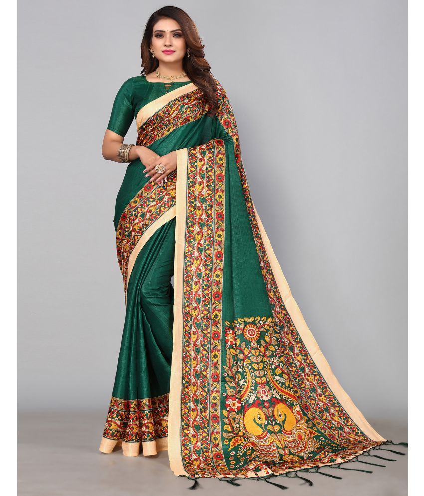     			Samah Art Silk Printed Saree With Blouse Piece - Green ( Pack of 1 )