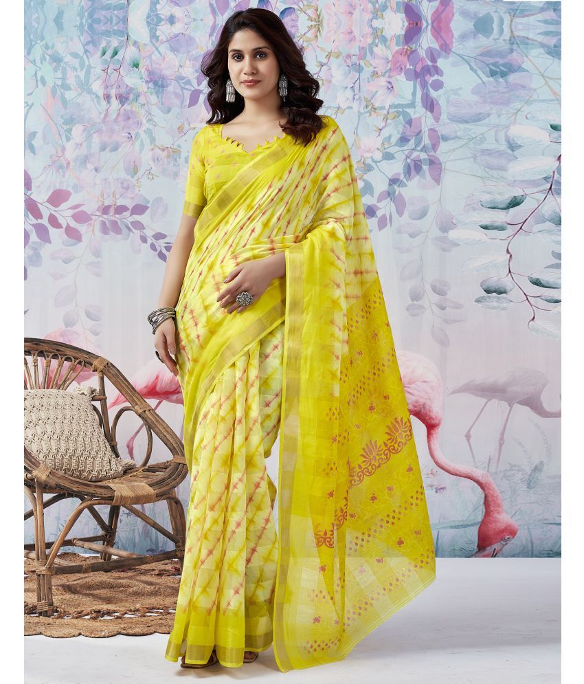     			Samah Cotton Blend Printed Saree With Blouse Piece - Yellow ( Pack of 1 )