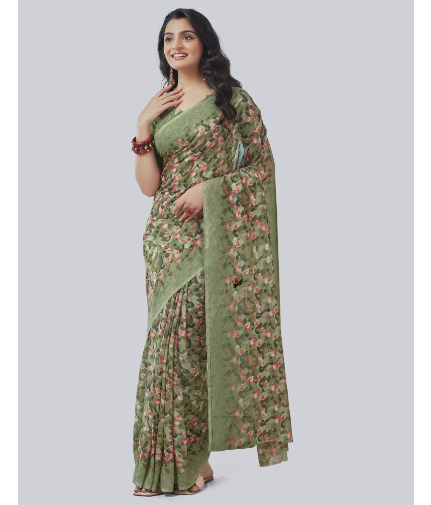     			Samah Georgette Printed Saree With Blouse Piece - Olive ( Pack of 1 )