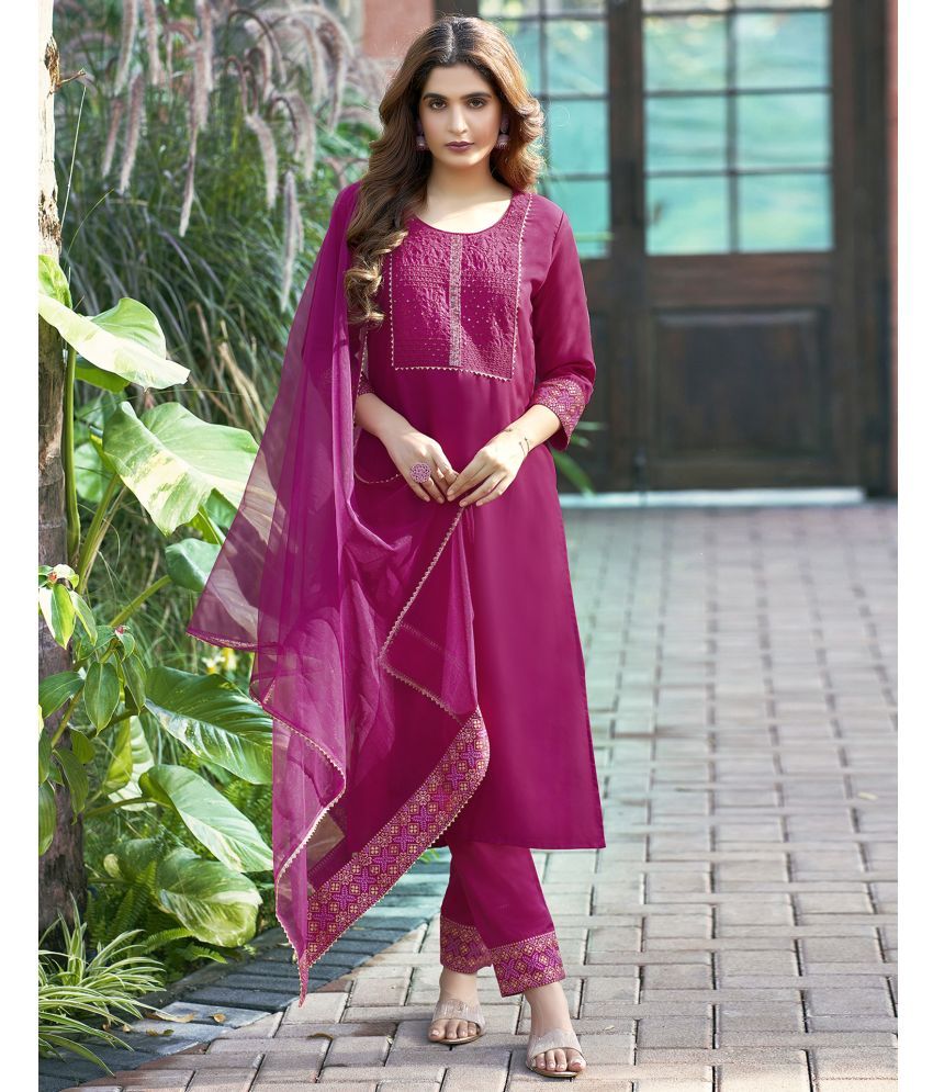     			Skylee Cotton Blend Embroidered Kurti With Pants Women's Stitched Salwar Suit - Pink ( Pack of 1 )