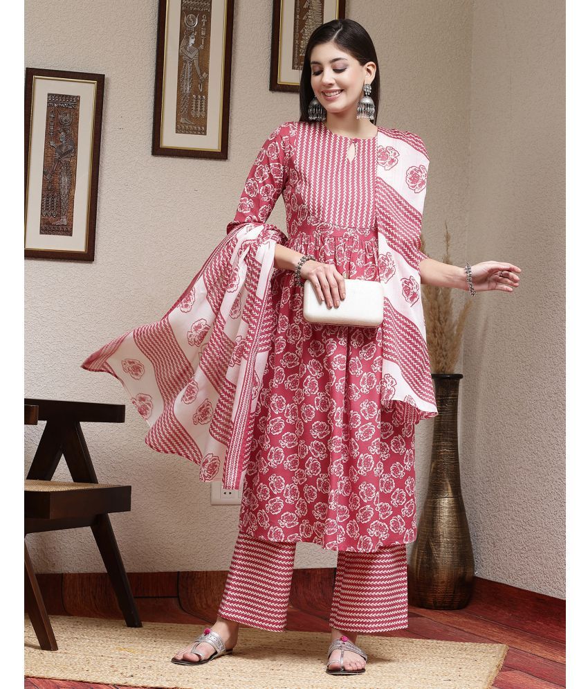     			Skylee Cotton Blend Printed Kurti With Pants Women's Stitched Salwar Suit - Pink ( Pack of 1 )