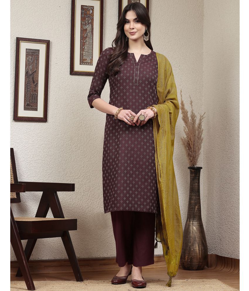     			Skylee Cotton Embellished Kurti With Pants Women's Stitched Salwar Suit - Wine ( Pack of 1 )
