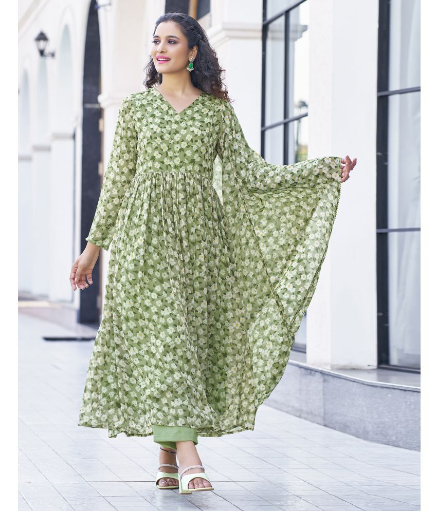     			Skylee Georgette Printed Kurti With Pants Women's Stitched Salwar Suit - Green ( Pack of 1 )