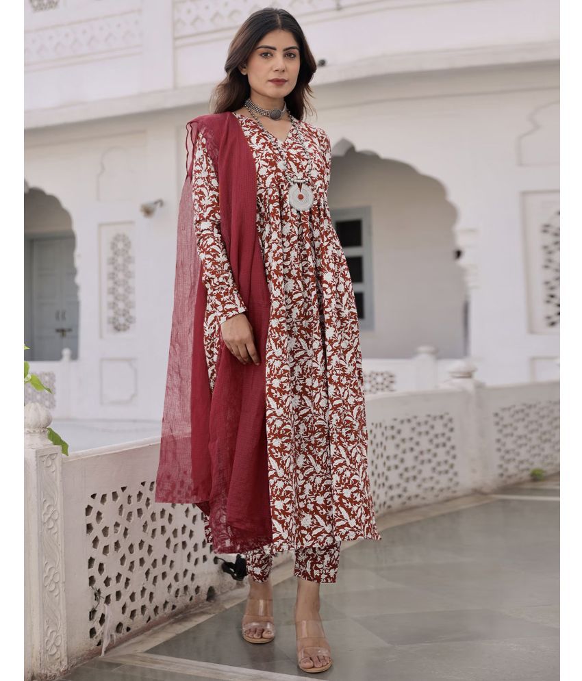     			Skylee Rayon Printed Kurti With Pants Women's Stitched Salwar Suit - Maroon ( Pack of 1 )