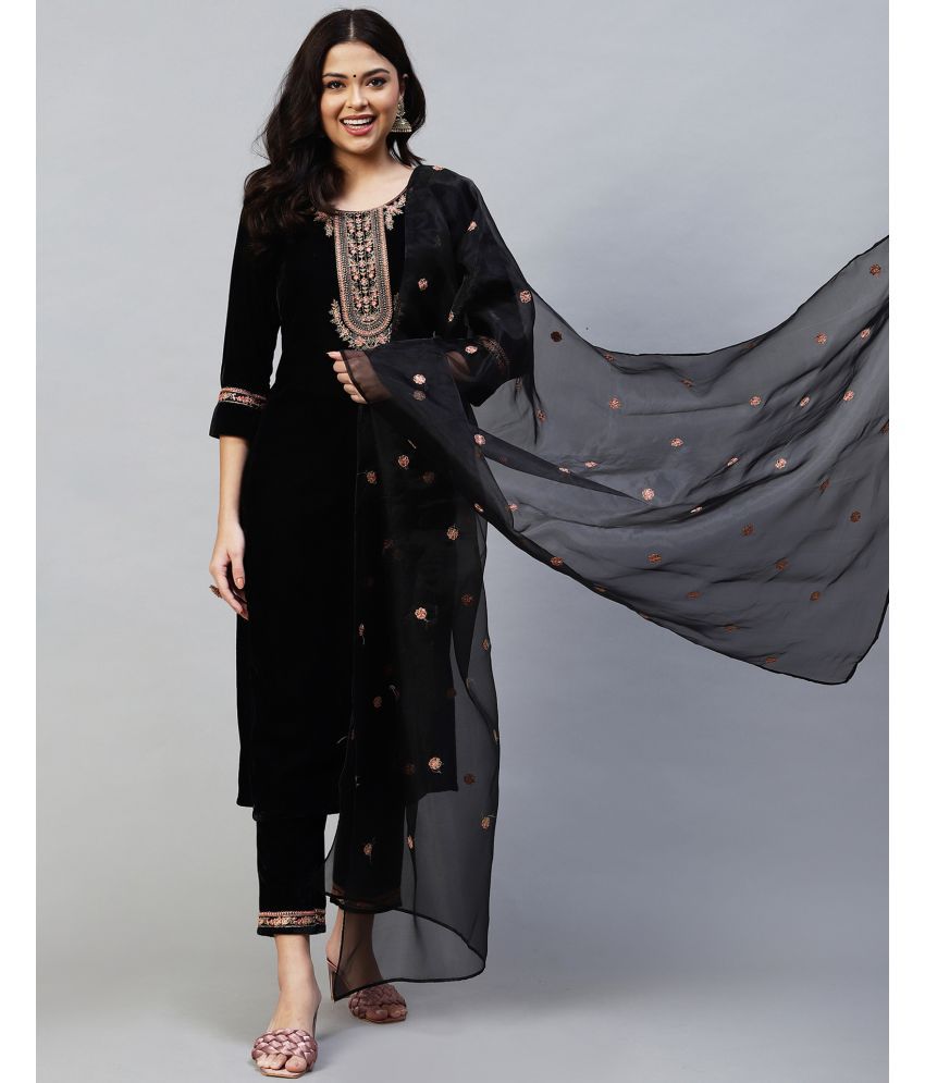     			Skylee Velvet Embroidered Kurti With Pants Women's Stitched Salwar Suit - Black ( Pack of 1 )