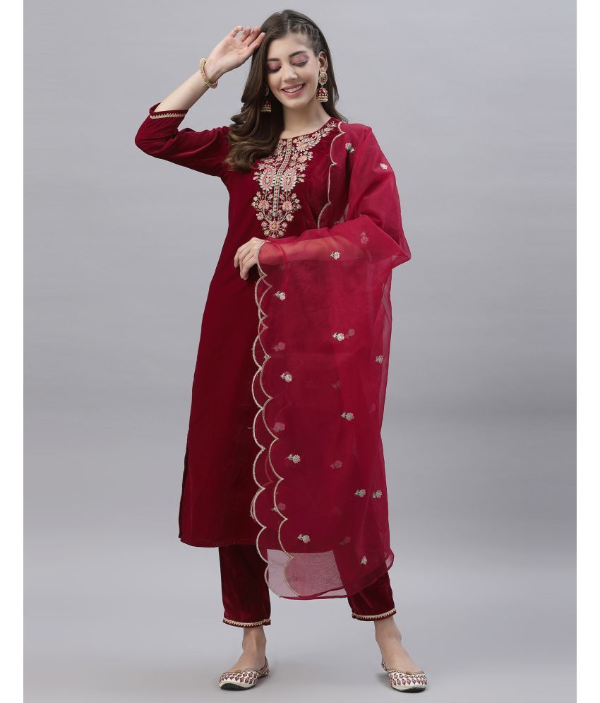     			Skylee Velvet Embroidered Kurti With Pants Women's Stitched Salwar Suit - Red ( Pack of 1 )