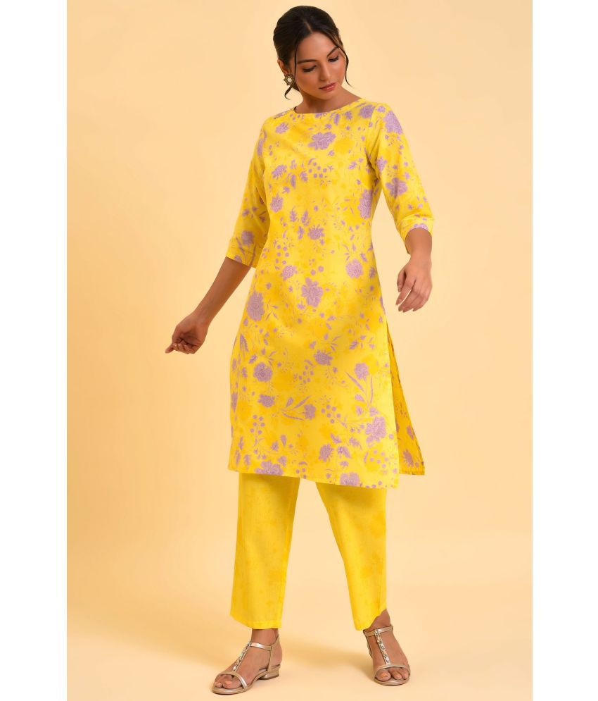     			W Cotton Printed Kurti With Pants Women's Stitched Salwar Suit - Yellow ( Pack of 1 )