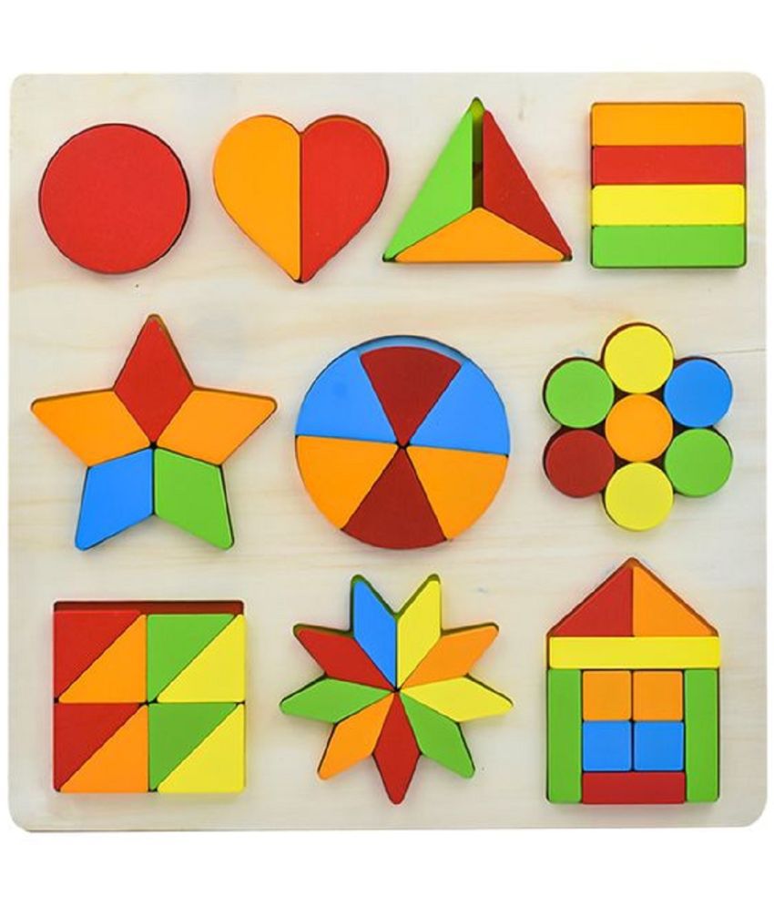     			WISHKEY Wooden Shapes Puzzle Learning Toy, Montessori Game Educational Toys for Kids, Intelligence Brain Teaser Puzzle Board with 10 Designer Shapes, Multicolour, 3+ Years (Pack of 1)
