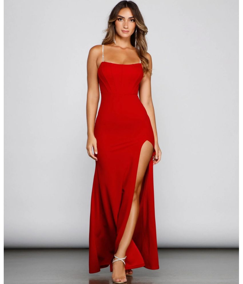     			clafoutis Lycra Solid Full Length Women's Side Slit Dress - Red ( Pack of 1 )