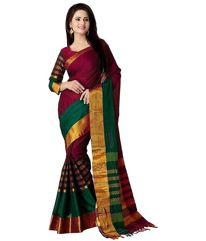     			Bhuwal Fashion Cotton Silk Striped Saree With Blouse Piece - Red ( Pack of 1 )