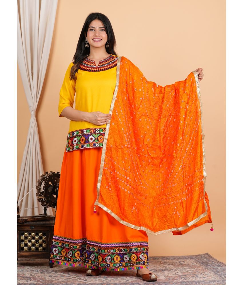     			CANVIR Rayon Embroidered Ethnic Top With Skirt Women's Stitched Salwar Suit - Orange ( Pack of 1 )