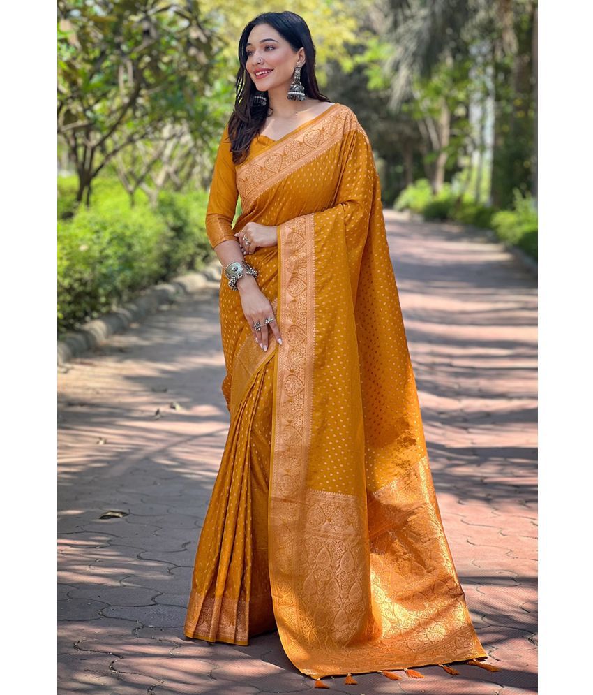     			ELITE WEAVES Satin Woven Saree With Blouse Piece - Mustard ( Pack of 1 )