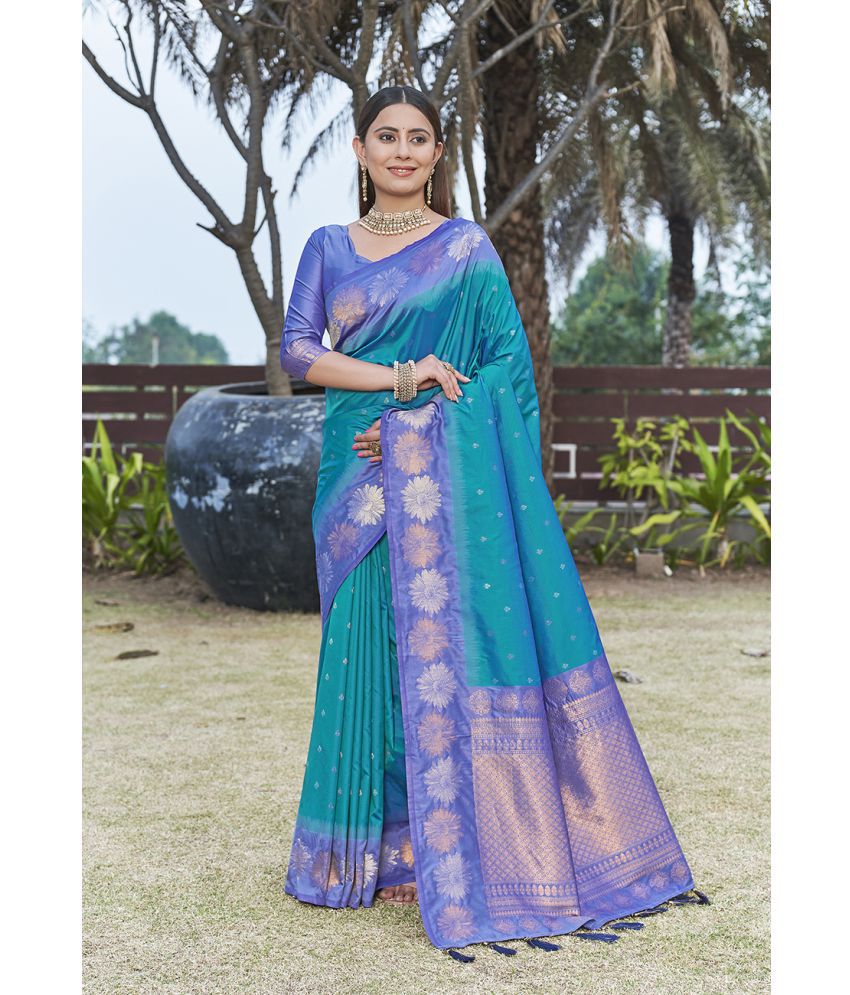     			ELITE WEAVES Silk Woven Saree With Blouse Piece - Blue ( Pack of 1 )