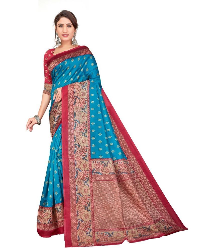     			Grubstaker Art Silk Printed Saree With Blouse Piece - SkyBlue ( Pack of 1 )