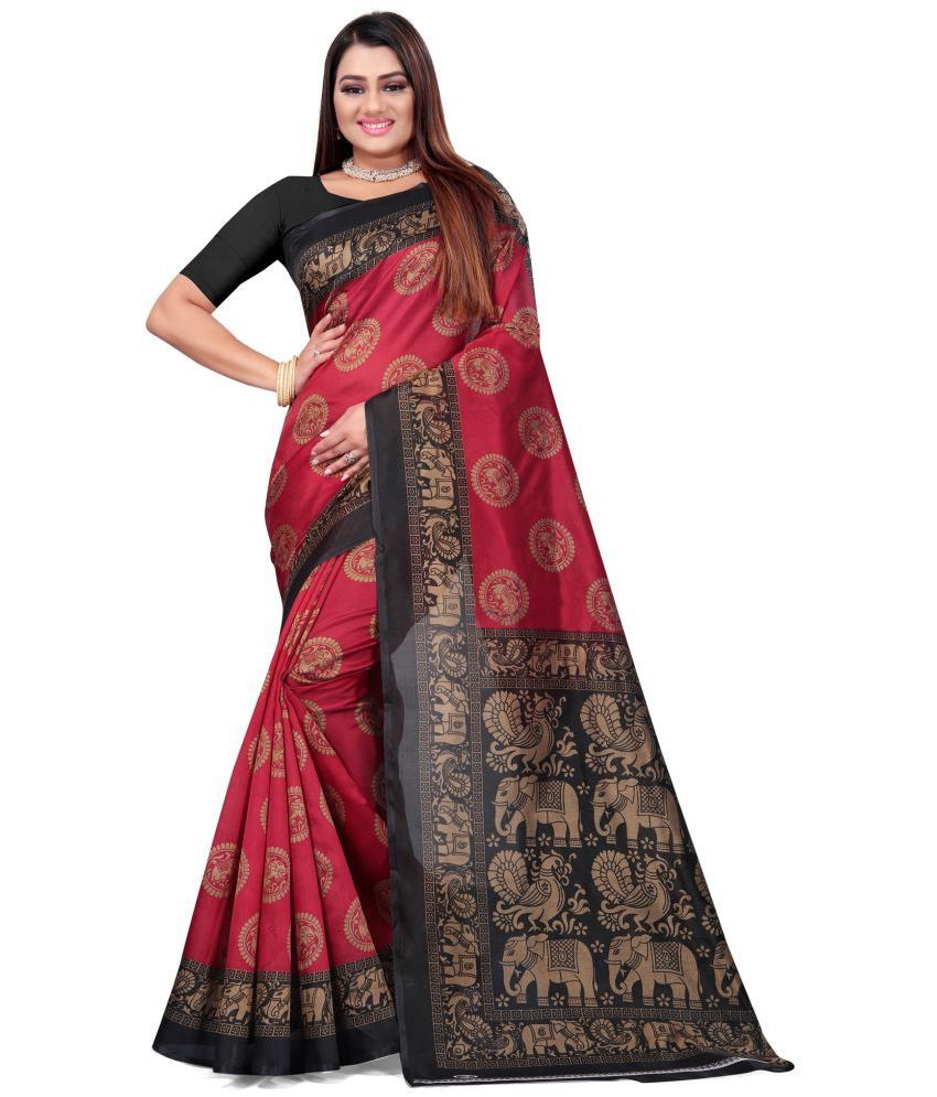     			Grubstaker Art Silk Printed Saree With Blouse Piece - Red ( Pack of 1 )