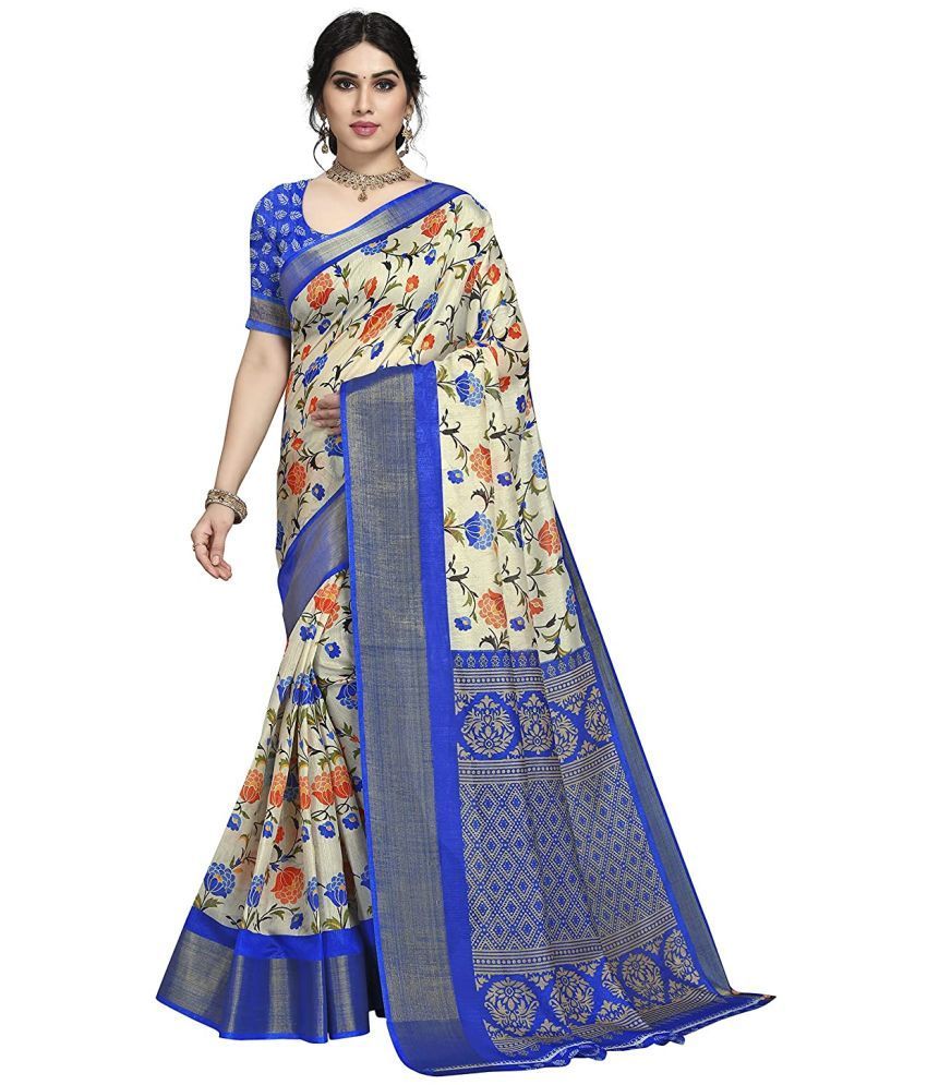     			Grubstaker Cotton Printed Saree With Blouse Piece - LightBLue ( Pack of 1 )