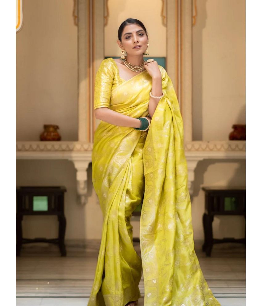     			JULEE Banarasi Silk Embellished Saree With Blouse Piece - Lime Green1 ( Pack of 1 )