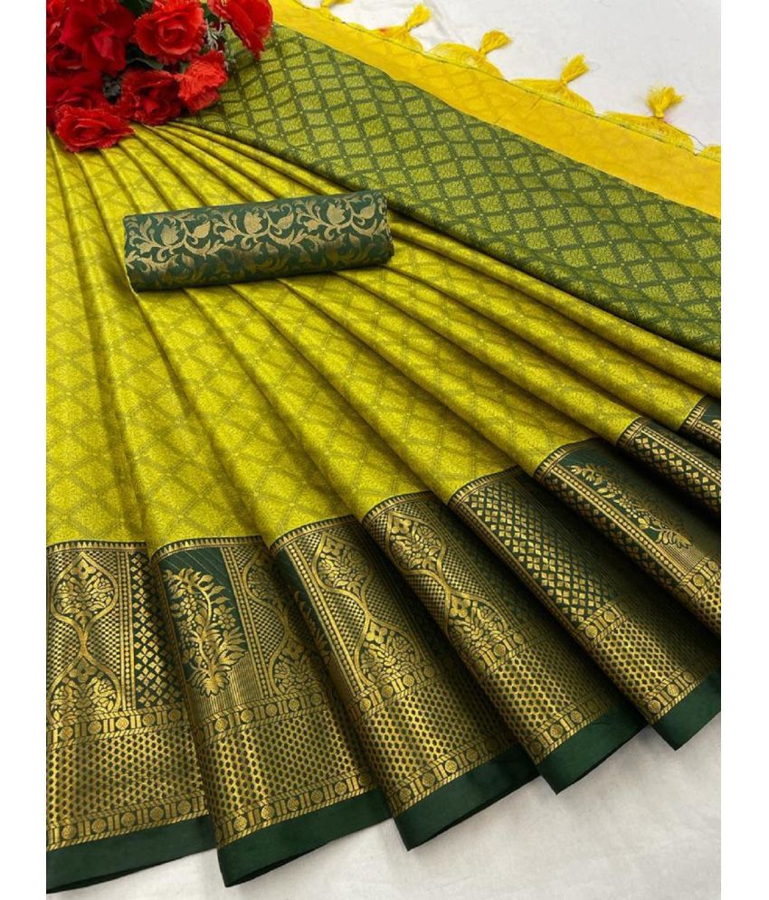     			JULEE Cotton Silk Embellished Saree With Blouse Piece - Lime Green ( Pack of 1 )